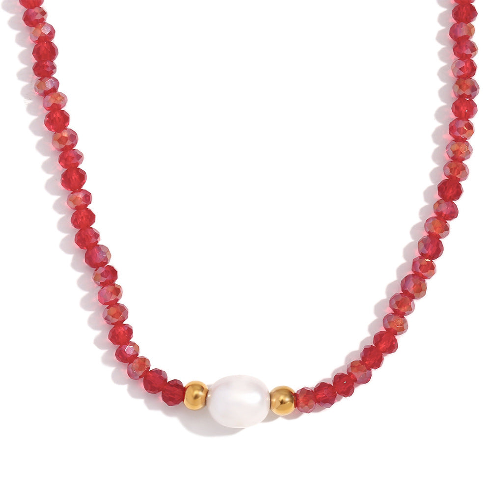 Collar con colgante vintage minimalista geométrico de acero inoxidable con perlas de agua dulce y cuentas de cristal oscuro para mujer
