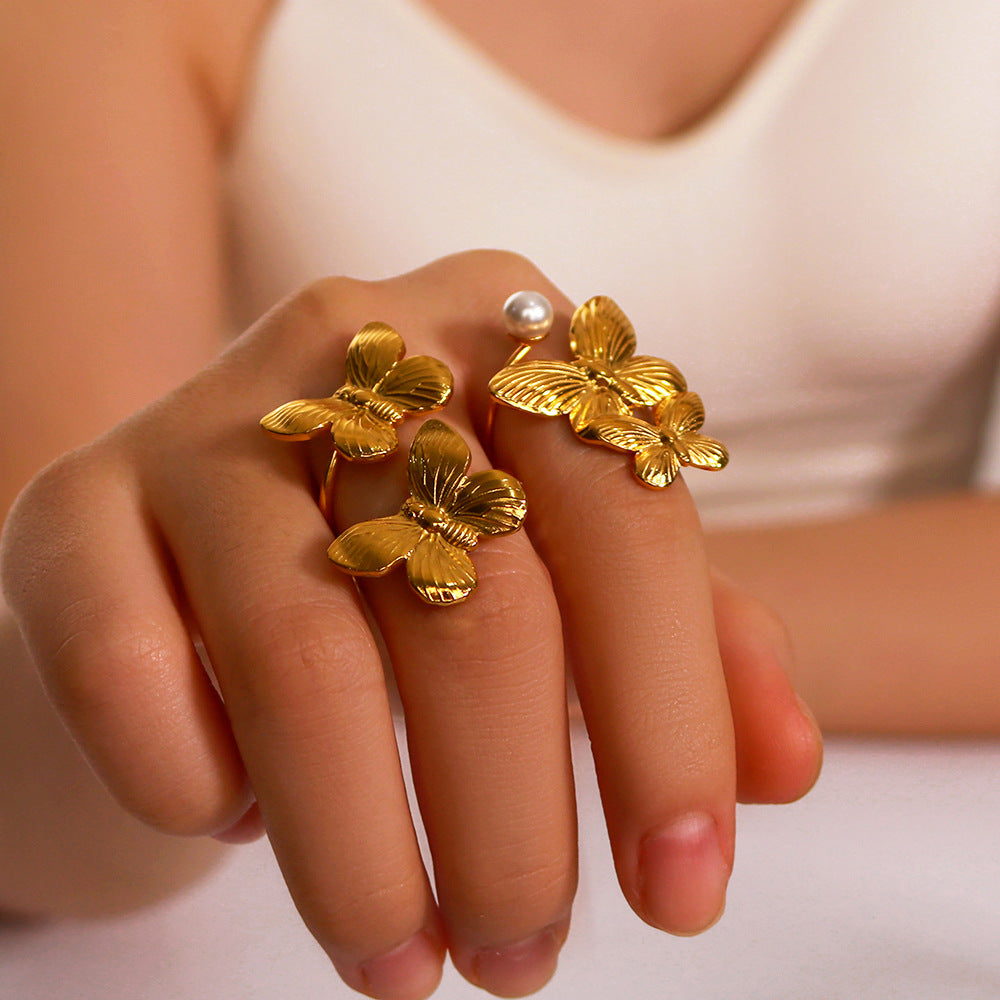 Minimalist Butterfly-Shaped Stainless Steel Ring with 18K Gold Plating and Pearl Inlay for Women