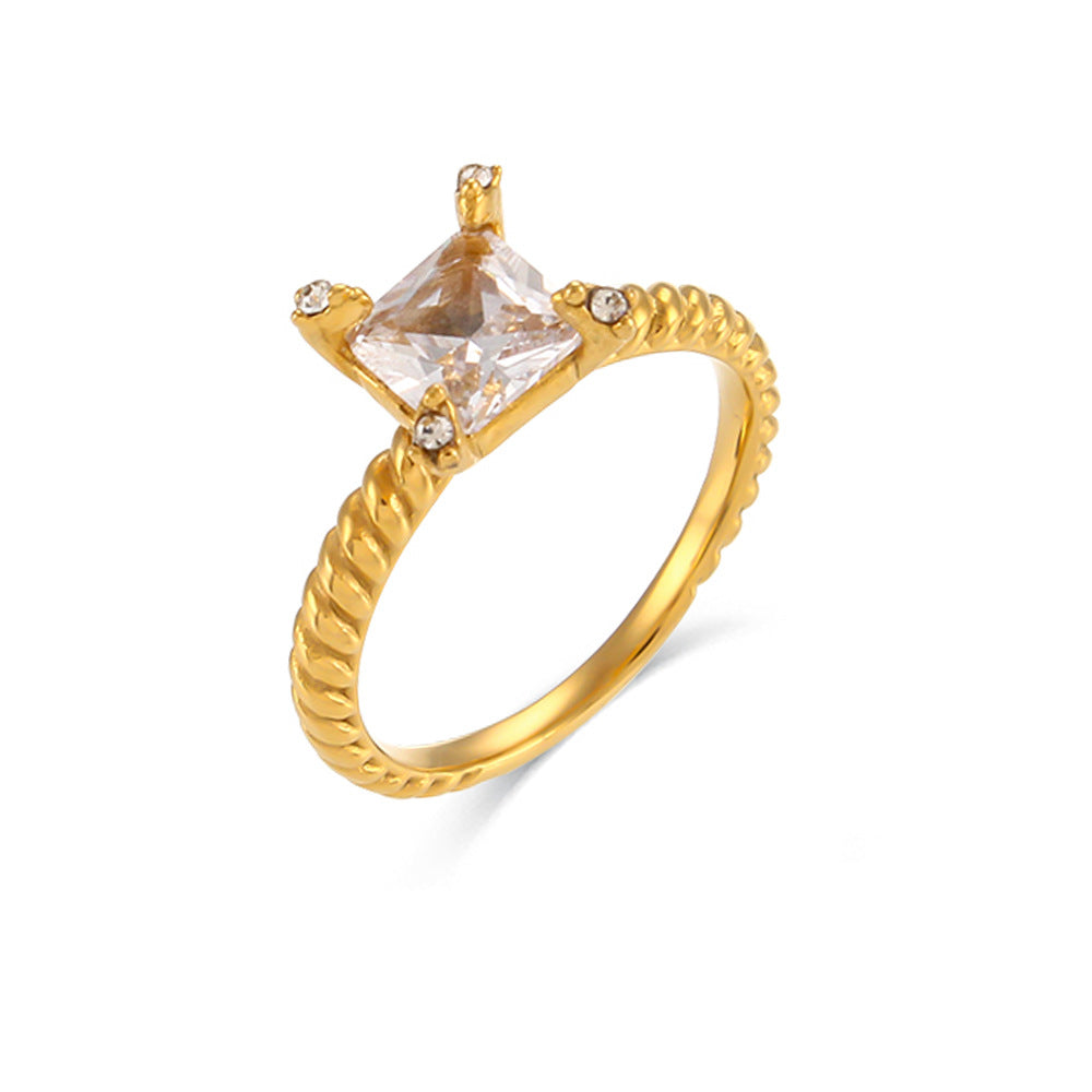 Minimalist Geometric Stainless Steel Plated 18K Gold Square Zircon Ring for Women