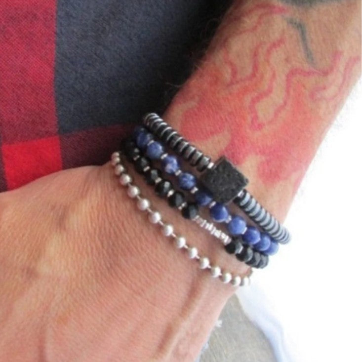 Vintage Men's Geometric Hand-beaded Bracelet with Black Agate, Hematite and Pearl Beads