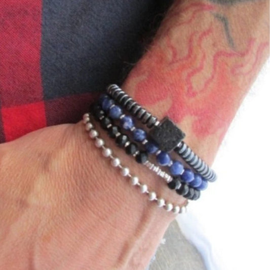 Vintage Men's Geometric Hand-beaded Bracelet with Black Agate, Hematite and Pearl Beads