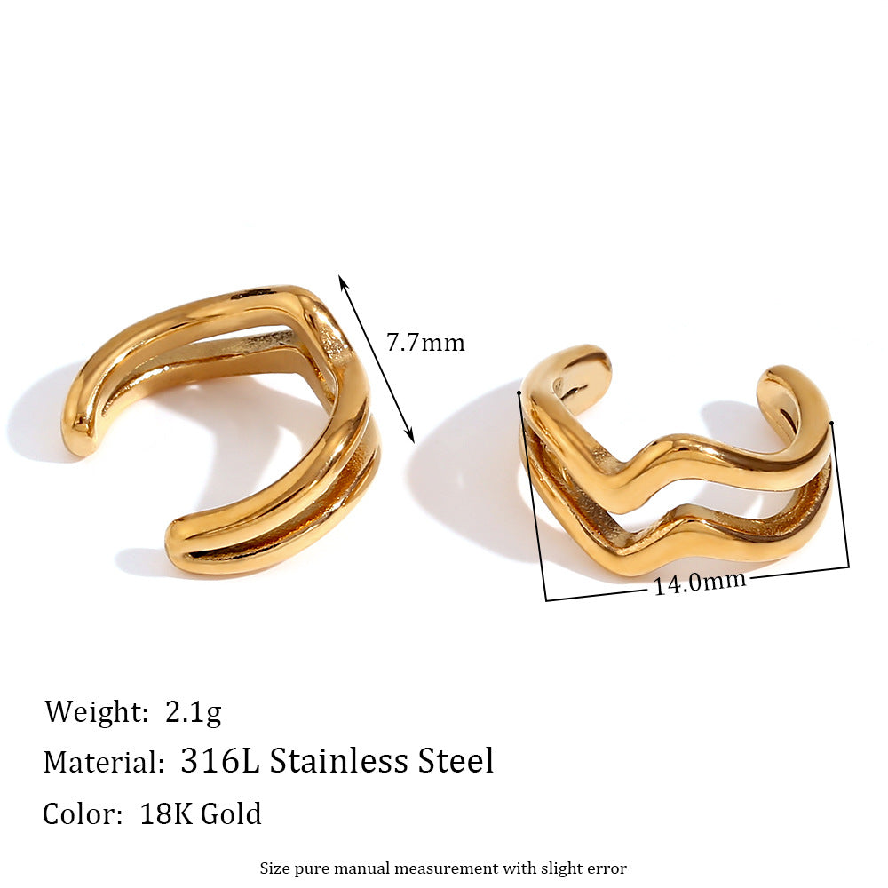 Pendientes de clip de acero inoxidable geométricos de moda minimalistas con chapado en oro de 18 quilates y textura de doble onda para mujer