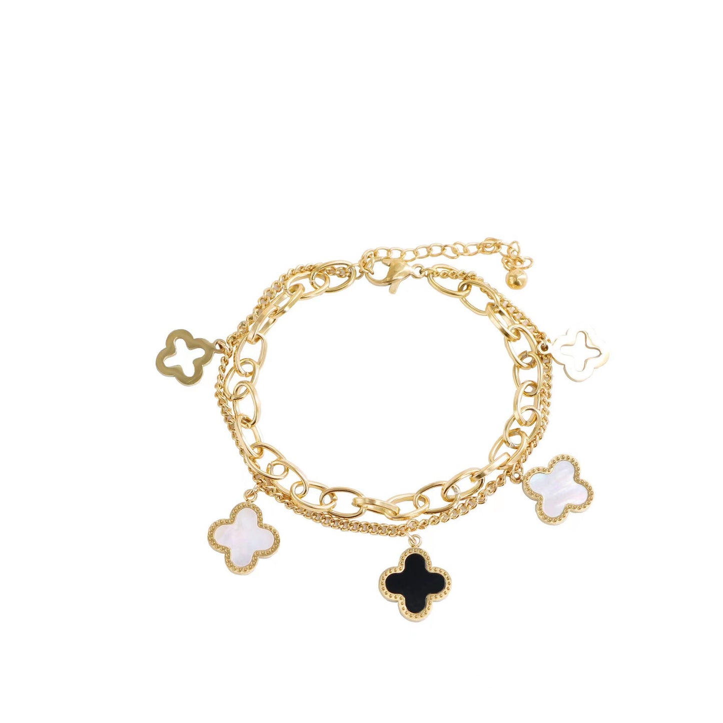 Minimalist Fashionable Black and White Shell Double-Layer Four-Leaf Clover Titanium Steel Bracelet for Women