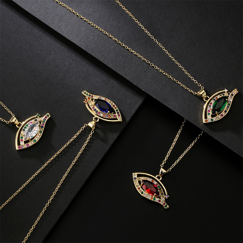 Luxury Geometric Eye Pendant Necklace with Micro-Inlaid Cubic Zirconia on Brass Cable Chain