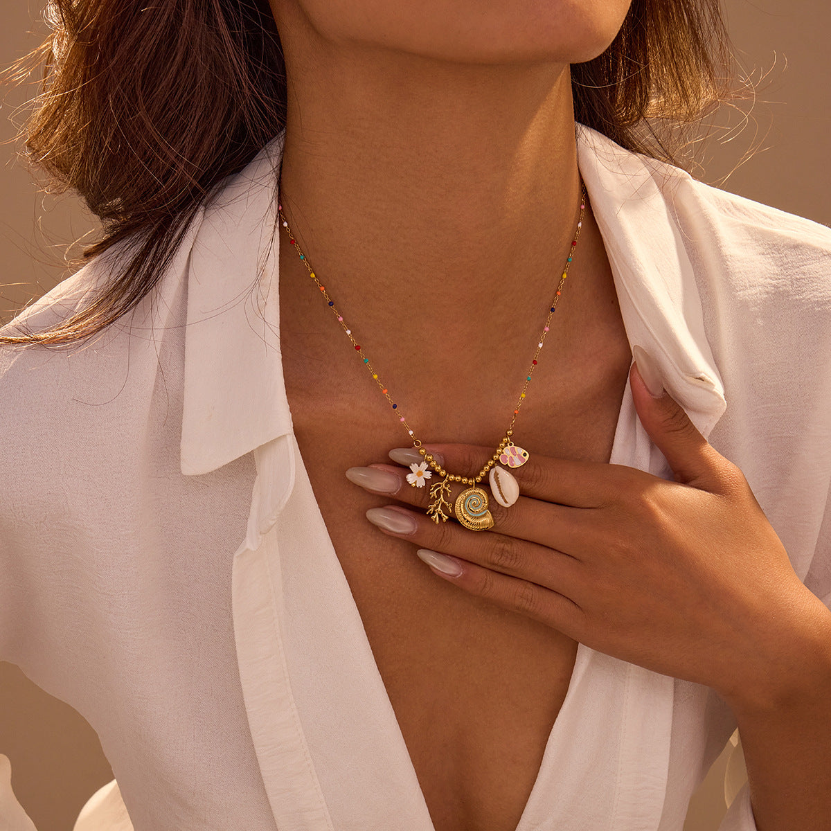 Fashion Minimalist Geometric Stainless Steel Plated Necklace for Women with Colorful Enamel Accents