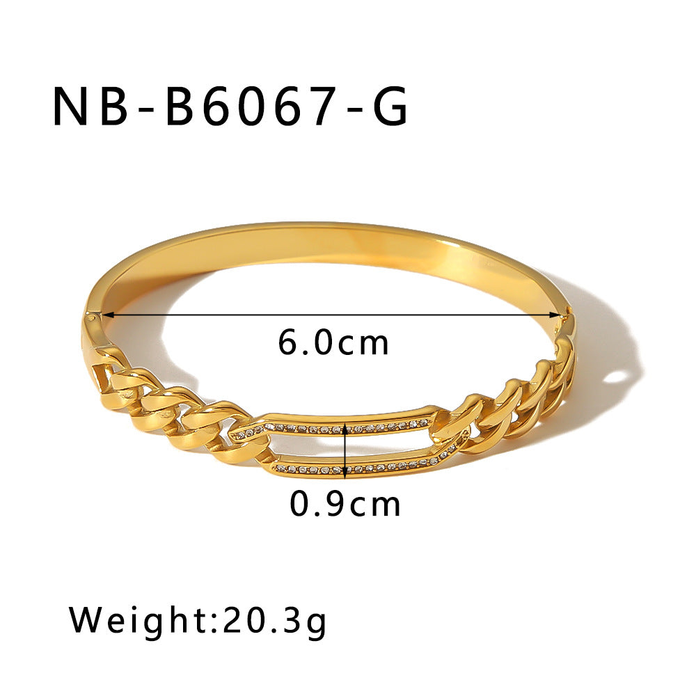 Minimalist Rectangular Hollow Bangle with Herringbone Texture, Rhinestone Inlay, Stainless Steel Base, 18K Gold Plated Finish for Women
