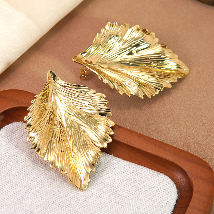 Vintage Luxury Geometric Leaf Stamped Stainless Steel Earrings for Women