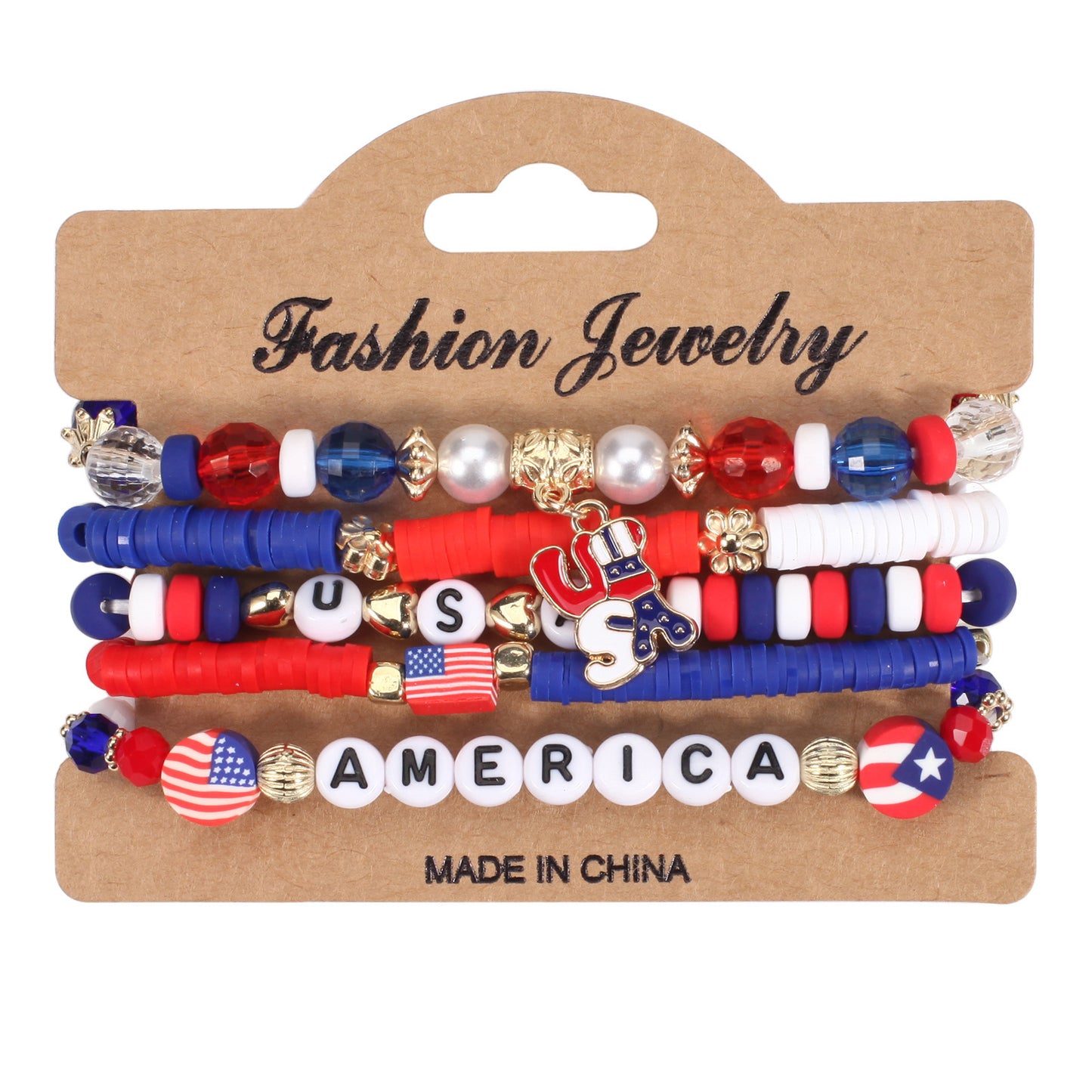 Unisex Red White Blue Resin Crystal Beaded Bracelet with Floral Pattern