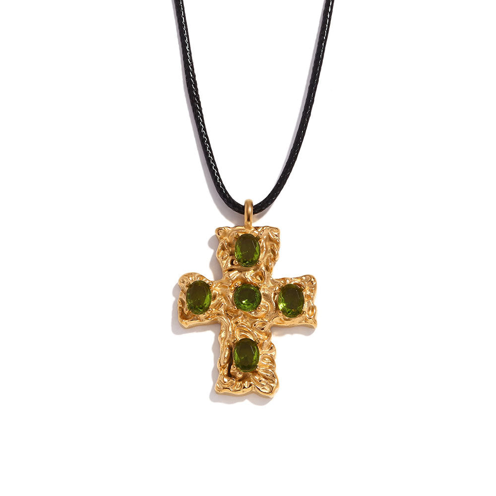 Vintage-Inspired Geometric Cross Pendant Necklace for Women Stainless Steel with 18K Gold Plating Hammered Texture Black Cord and Green Rhinestone Accents