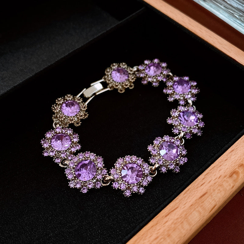 Vintage Floral Flower Earrings Bracelet Necklace Set for Women Alloy Jewelry with Rhinestone Inlay Locket Chain Minimalist Elegant Luxury Style