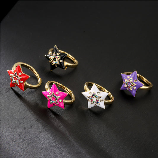 Fashion 18K Gold Plated Brass Drip Oil Cubic Zirconia Star Ring for Women