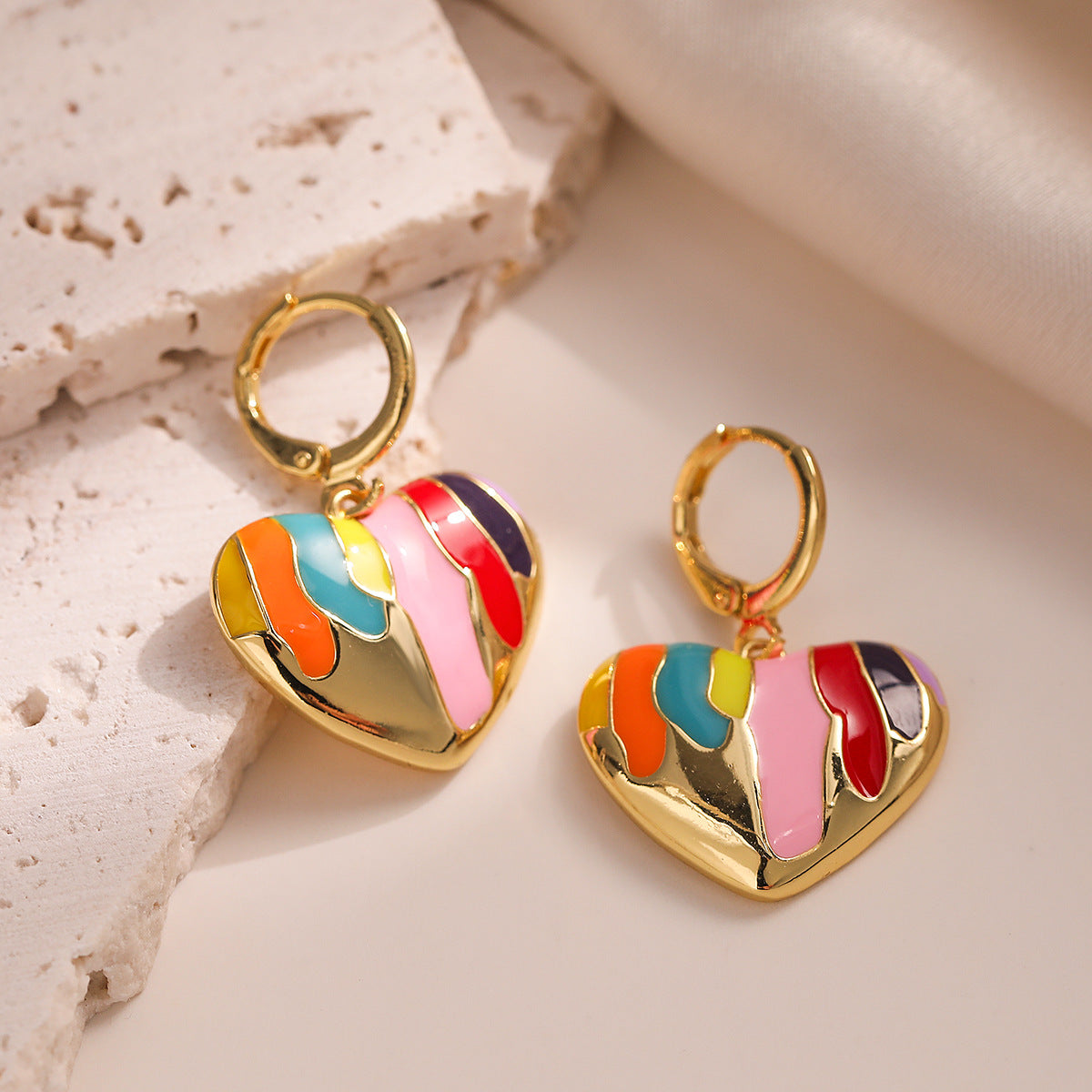 Minimalist Heart-Shaped Copper Earrings with Gold Plating and Enamel Finish for Women