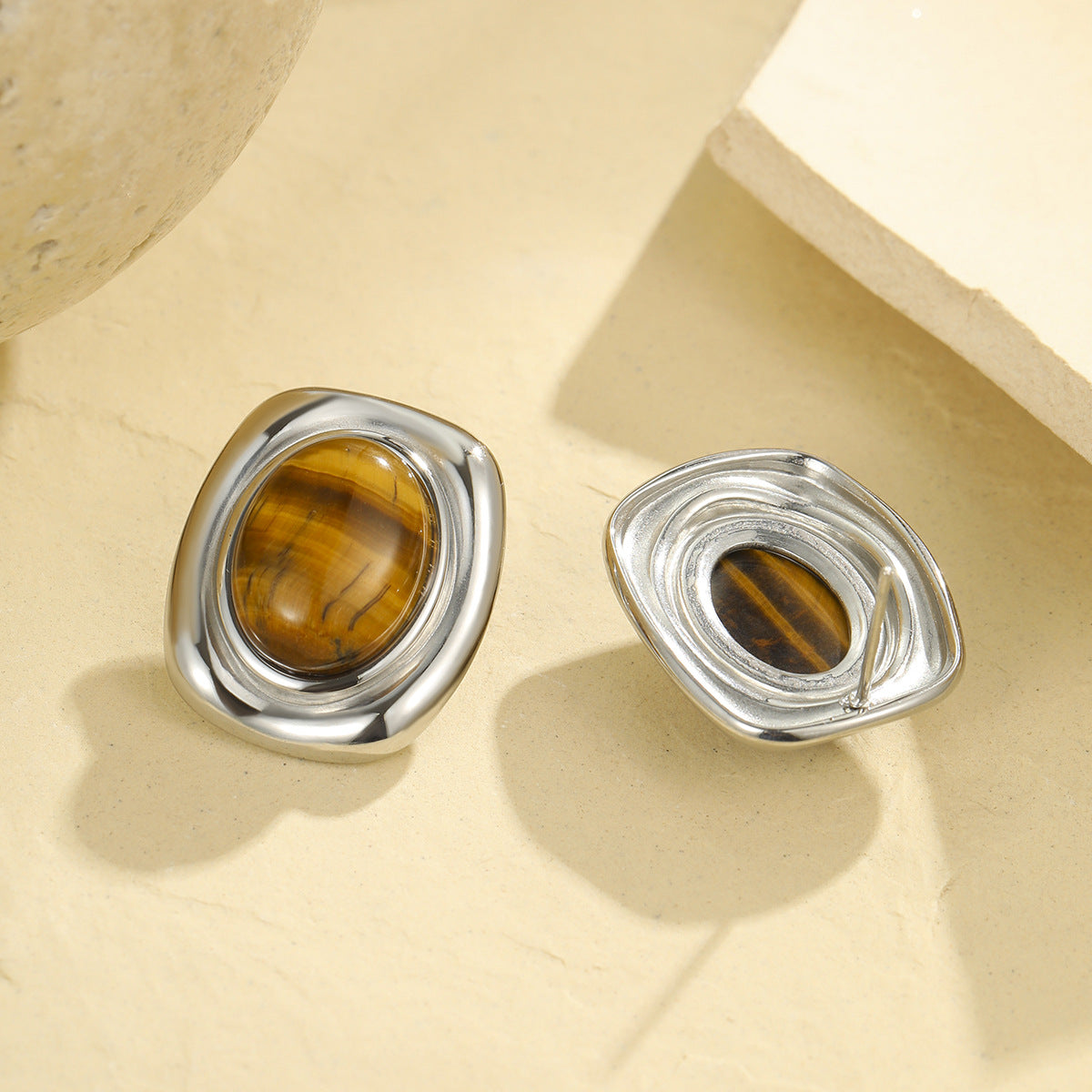 Pendientes de Botón Ovalados de Ojo de Tigre Estilo "Old Money" Francés Vintage para Mujer de Acero Inoxidable con Baño de Oro