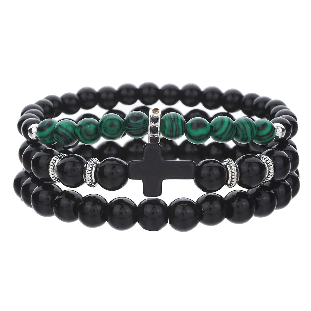 Black Cross Geometric Agate Beaded Stretch Bracelet Set