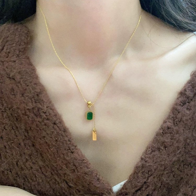 Minimalist Elegant Letter Teardrop Titanium Steel Plated Necklace with Emerald Cubic Zirconia and Tassel Chain for Women