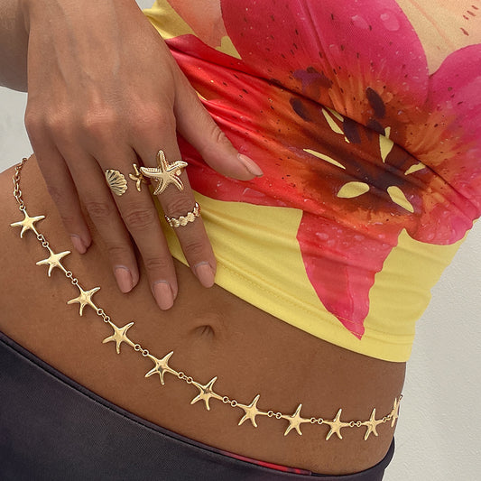 Fashionable Star-Shaped Zinc Alloy Ring with Electroplated Finish and Seashell Motif for Women