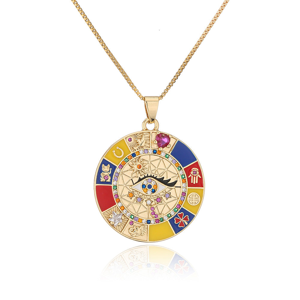 Collana pendente geometrica irregolare stile bohémien da donna con occhi in smalto e zirconi su catena a maglie in rame