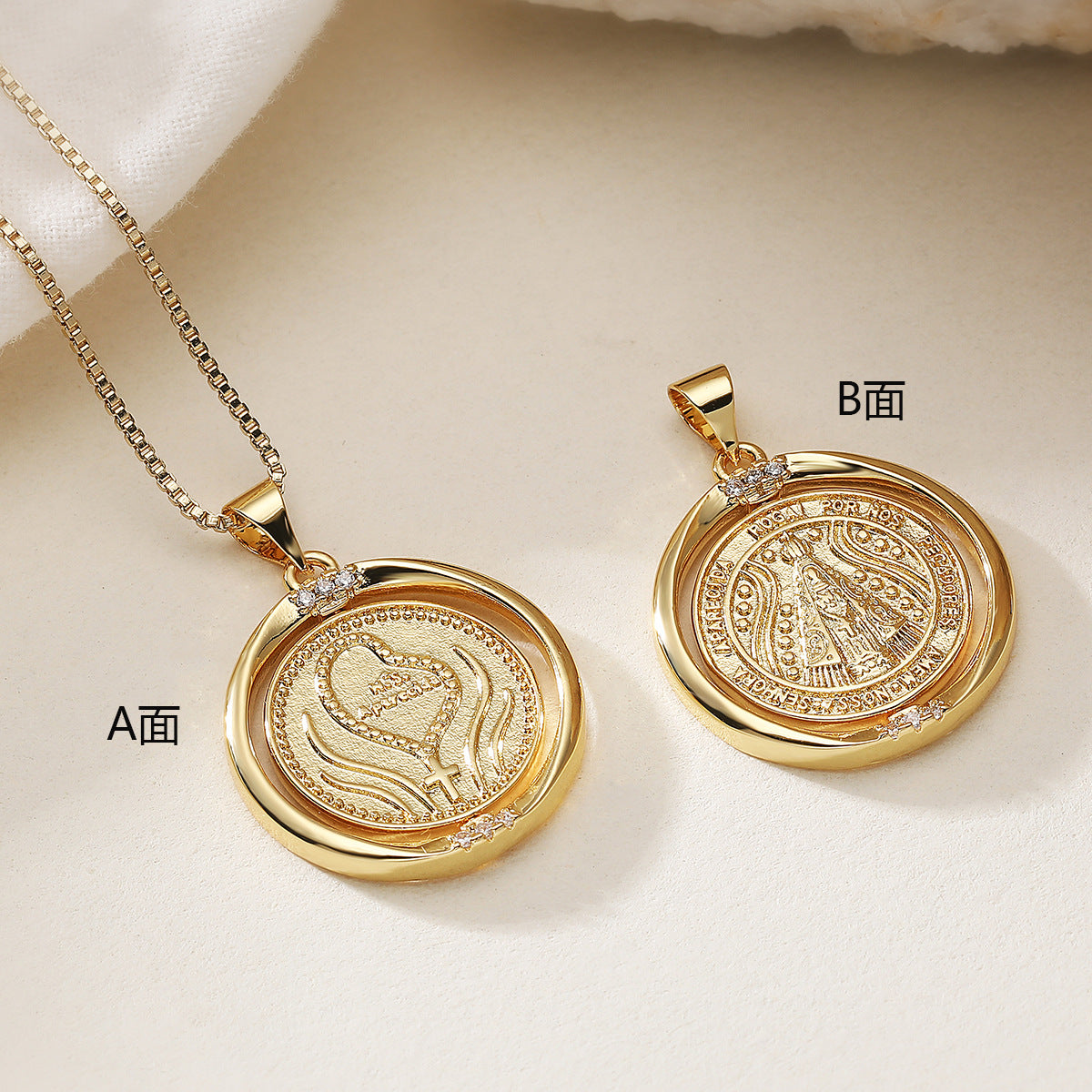 Vintage Minimalist Geometric Brass Gold Plated Cubic Zirconia Rotatable Pendant Necklace