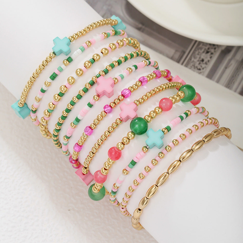 Colorful Seed Bead and Soft Pottery Cross Bracelet Handmade Multi-Layer Stacked Beach Jewelry for Women and Men