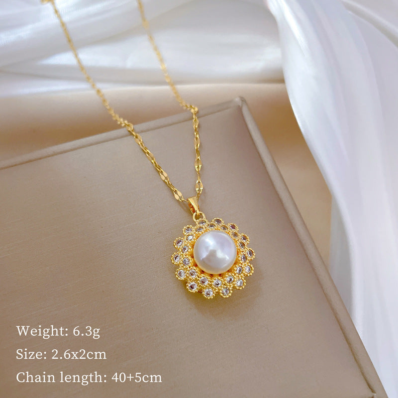 Collana con pendente minimalista a nido con perle e strass in acciaio al titanio con design geometrico per donna e uomo