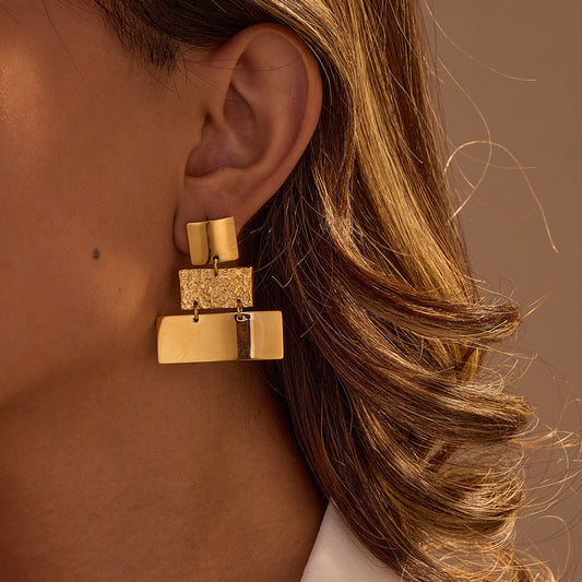 Minimalist Geometric Stainless Steel Earrings with Plated Finish for Women Unique Textured Three-Layer Design