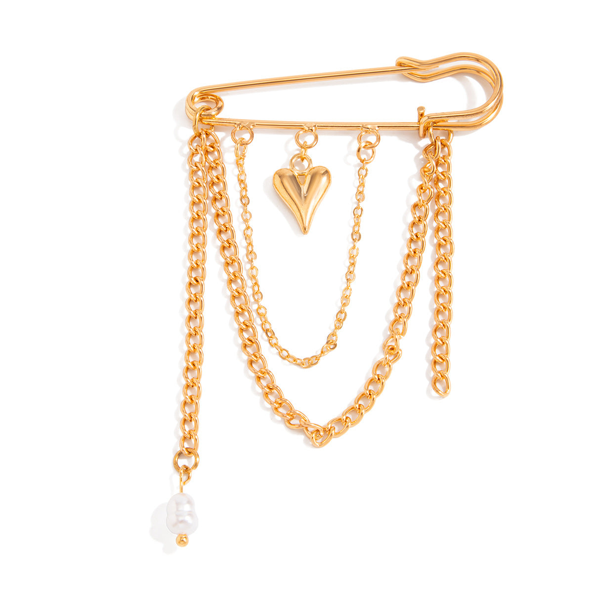 Punk Hip-hop Heart Shape Imitation Pearl Plated Brooch with Chain Tassel for Women