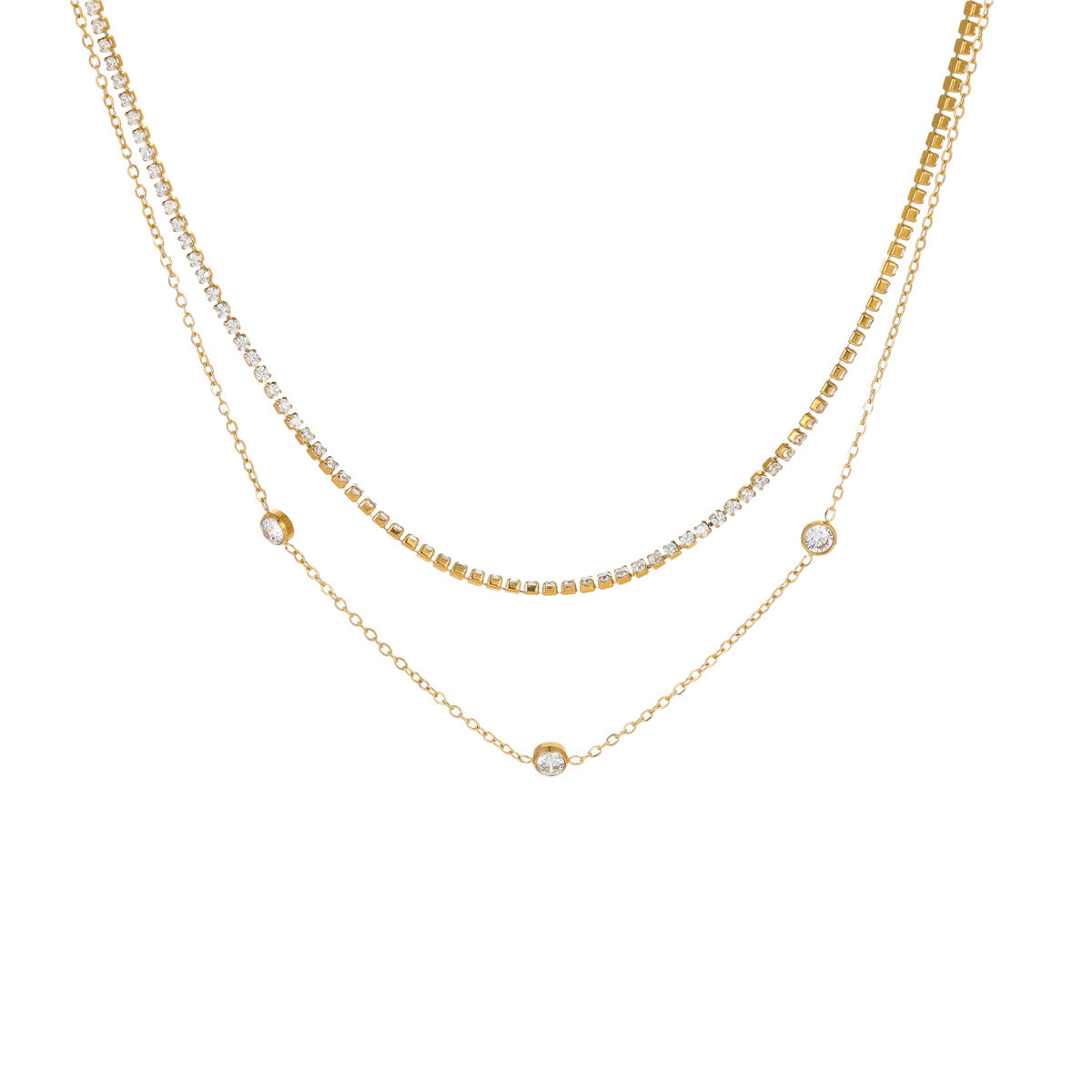 Collana a Strati da Donna alla Moda in Acciaio al Titanio Geometrico con Intarsio di Strass Placcato