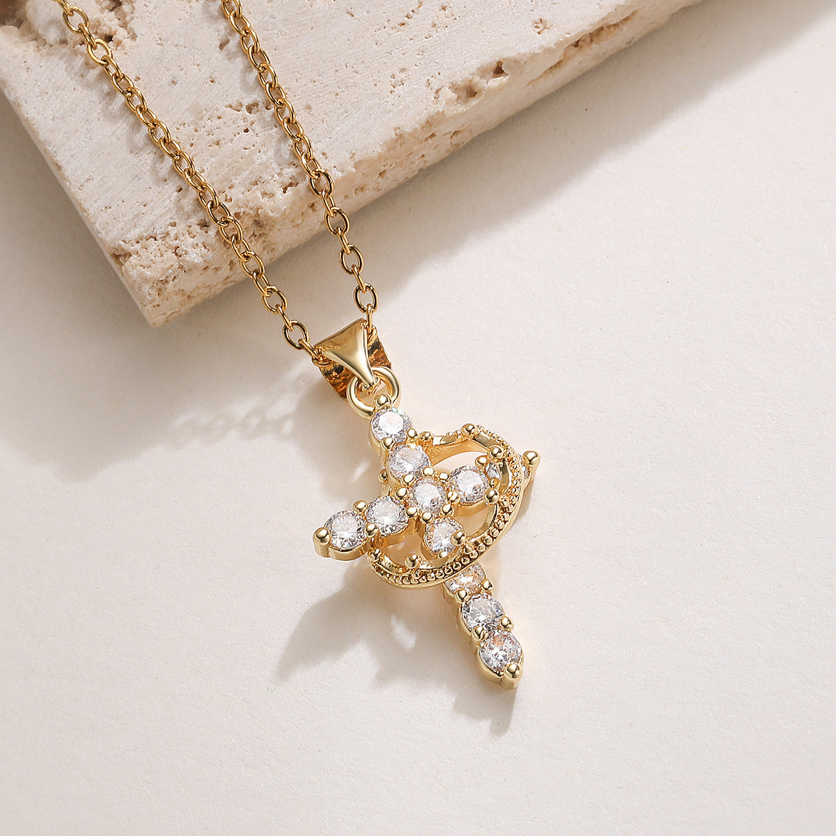 Minimalist 18K Gold Plated Brass Cross Pendant with Cubic Zirconia Inlay for Women