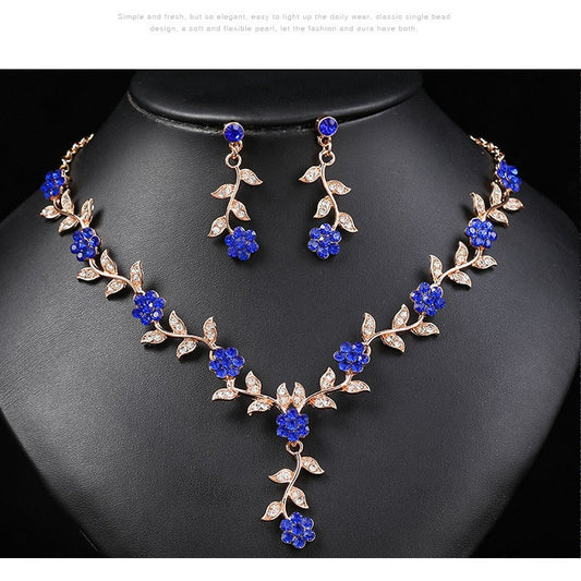 Vintage Retro Flower Shape Alloy Necklace and Earring Set with Colorful Rhinestone Inlay