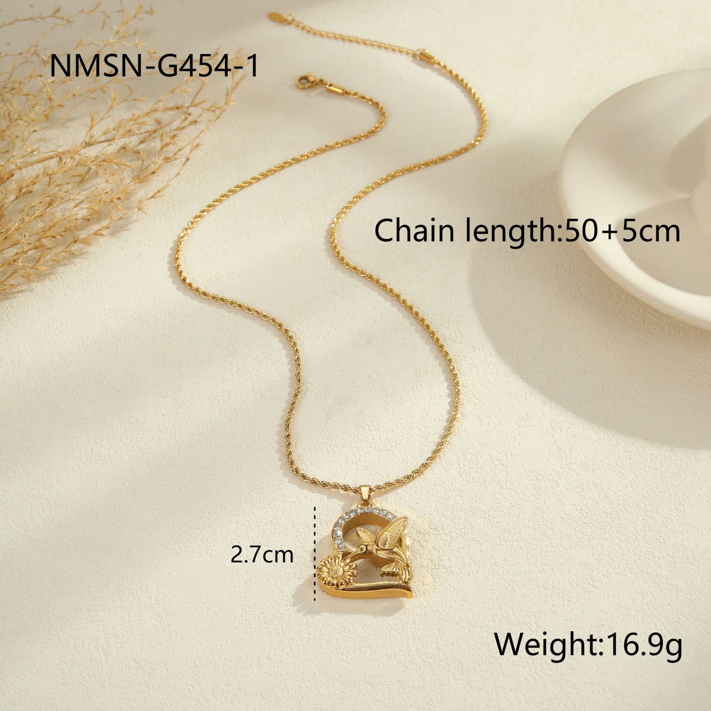 Elegante collar con colgante de colibrí y estampado floral de acero inoxidable con baño de oro de 18 quilates para mujer al estilo de las profesionales de oficina