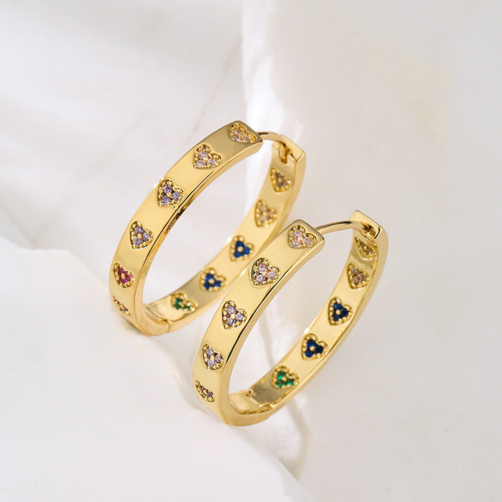 Orecchini a Cerchio Geometrici in Rame d'Ispirazione Vintage con Placcatura in Oro 18K e Accento a Cuore in Zirconia Cubica da Donna