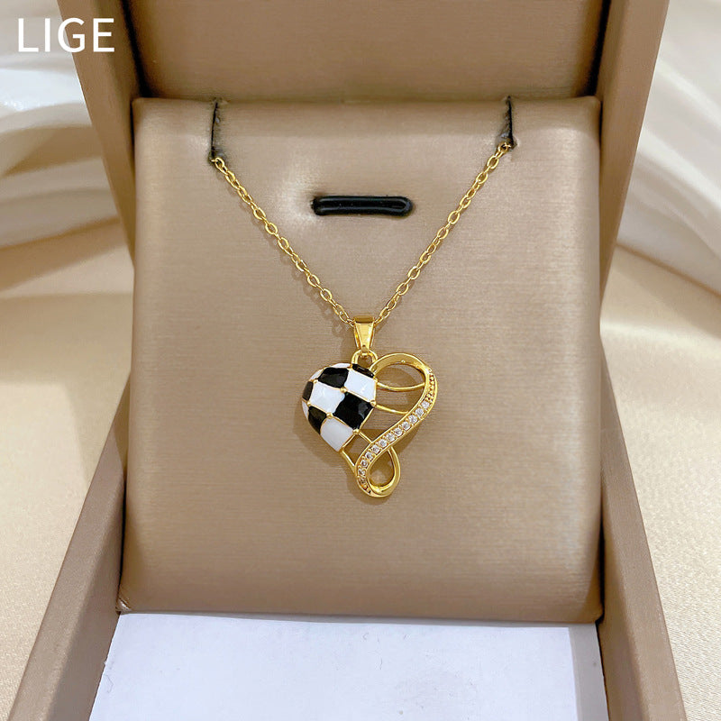 Sweet Elegant Geometric Checkered Rhinestone Pendant Necklace Titanium Steel Cable Chain for Unisex