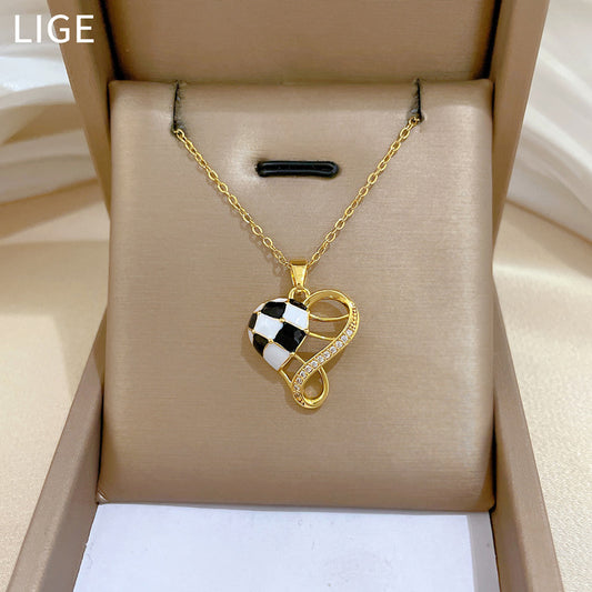 Sweet Elegant Geometric Checkered Rhinestone Pendant Necklace Titanium Steel Cable Chain for Unisex