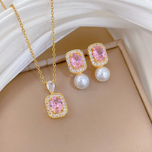 Sweet Square Moon Pearl Rhinestone Titanium Steel Necklace Set for Unisex