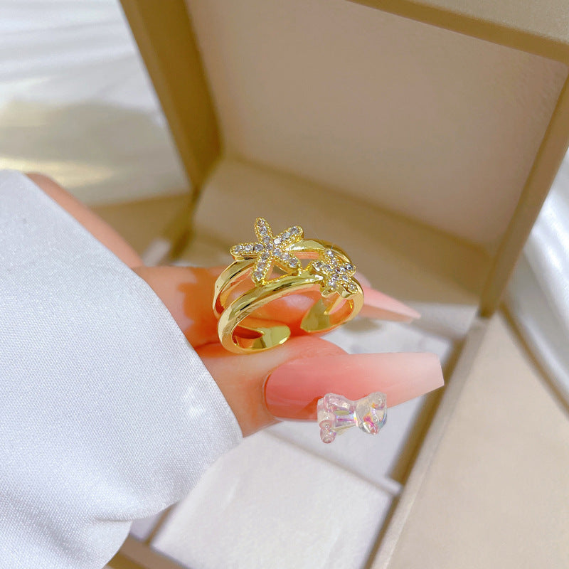 Minimalist Sweet Gold Plated Starfish Crown Micro-set Cubic Zirconia Brass Ring for Women