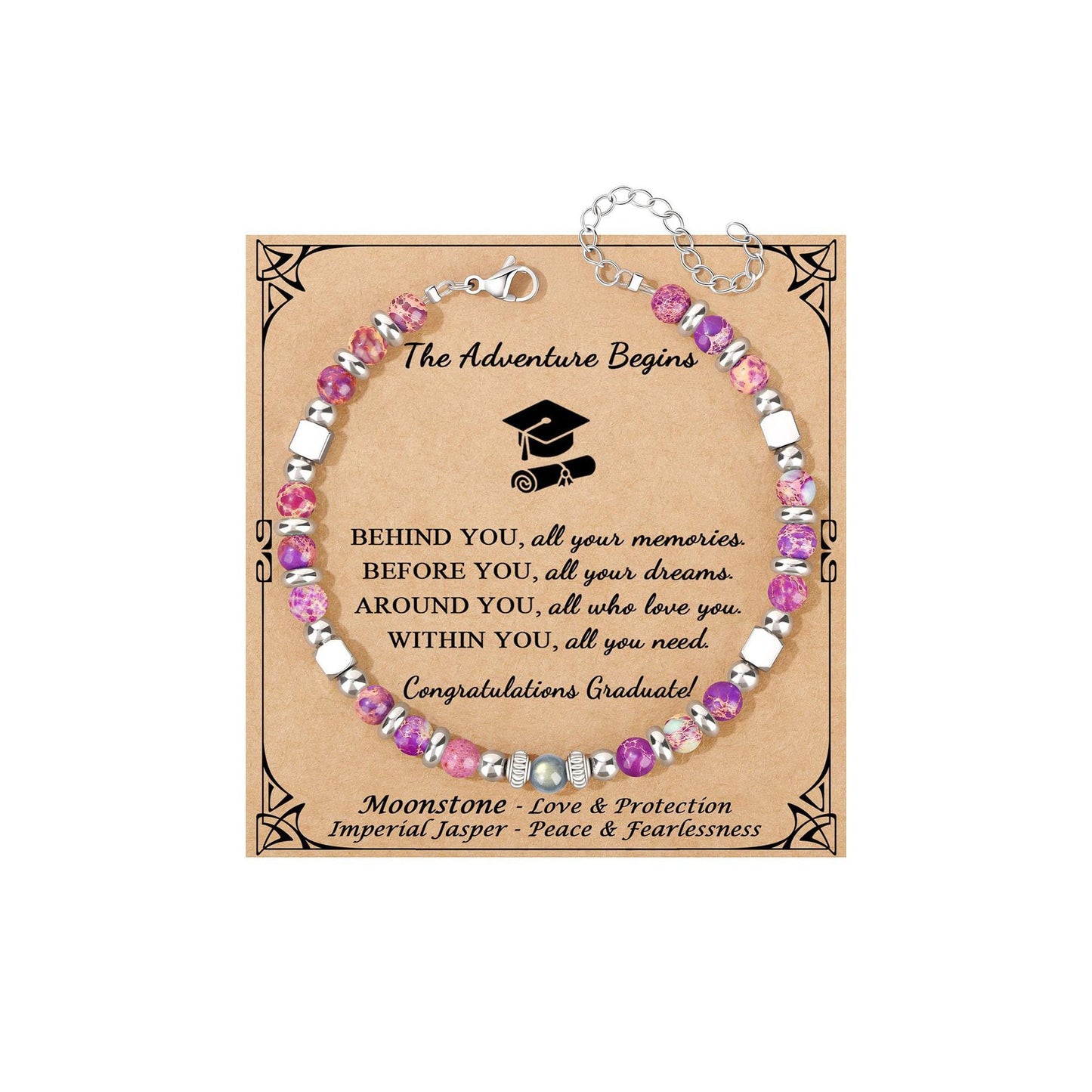 Fashion Stainless Steel Bracelet with 4mm Square Beads, Purple Imperial Stone and Lime Moonstone for Women