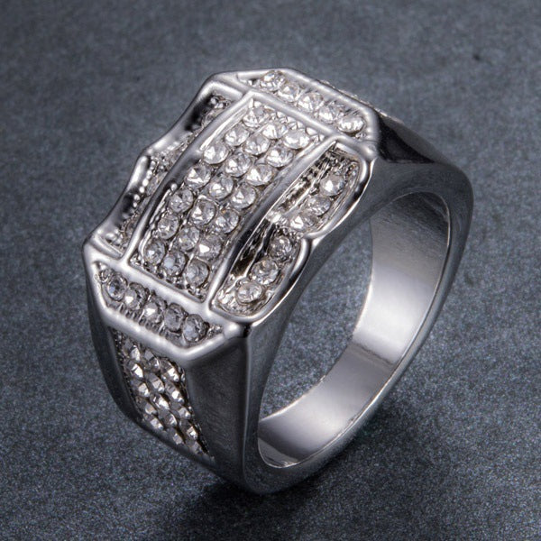 Hip-hop Luxury Geometric Square Rhinestone Plated Alloy Ring for Men and Women