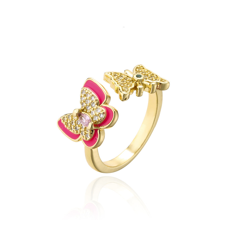 Anello a farfalla aperto stile naturale in rame placcato oro 18K con zirconi micro-incastonati