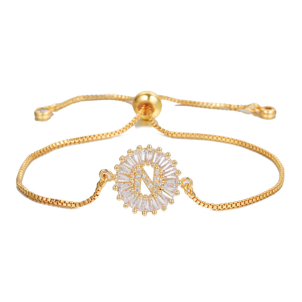 Minimalist Gold Plated Brass Letter Bracelet with Cubic Zirconia Adjustable A-Z