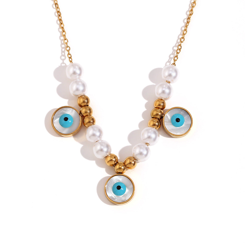 Fashionable French Vintage Pendant Necklace for Women with Geometric Blue Turquoise-Inlaid Round Eyes, Stainless Steel Base with 18K Gold Plating