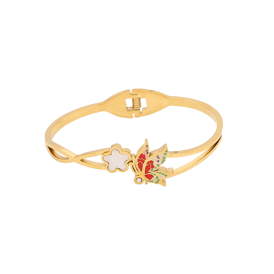 Vintage Floral Stainless Steel Bracelet with Enamel Finish and Butterfly Design for Women