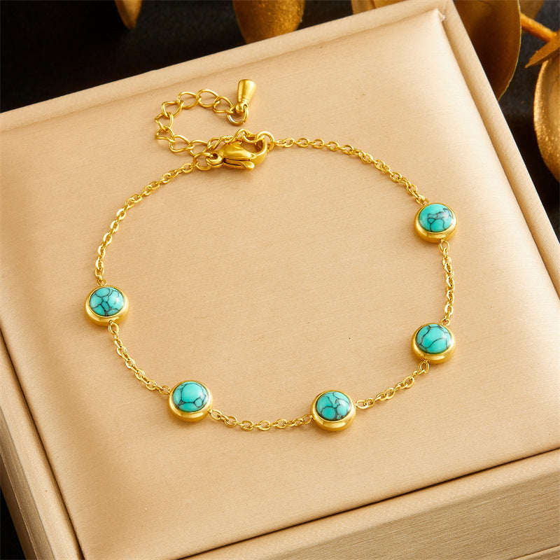 Vintage Blue Turquoise Pendant Necklace Set with Round Earrings and Bracelet Stainless Steel Plated Jewelry for Women