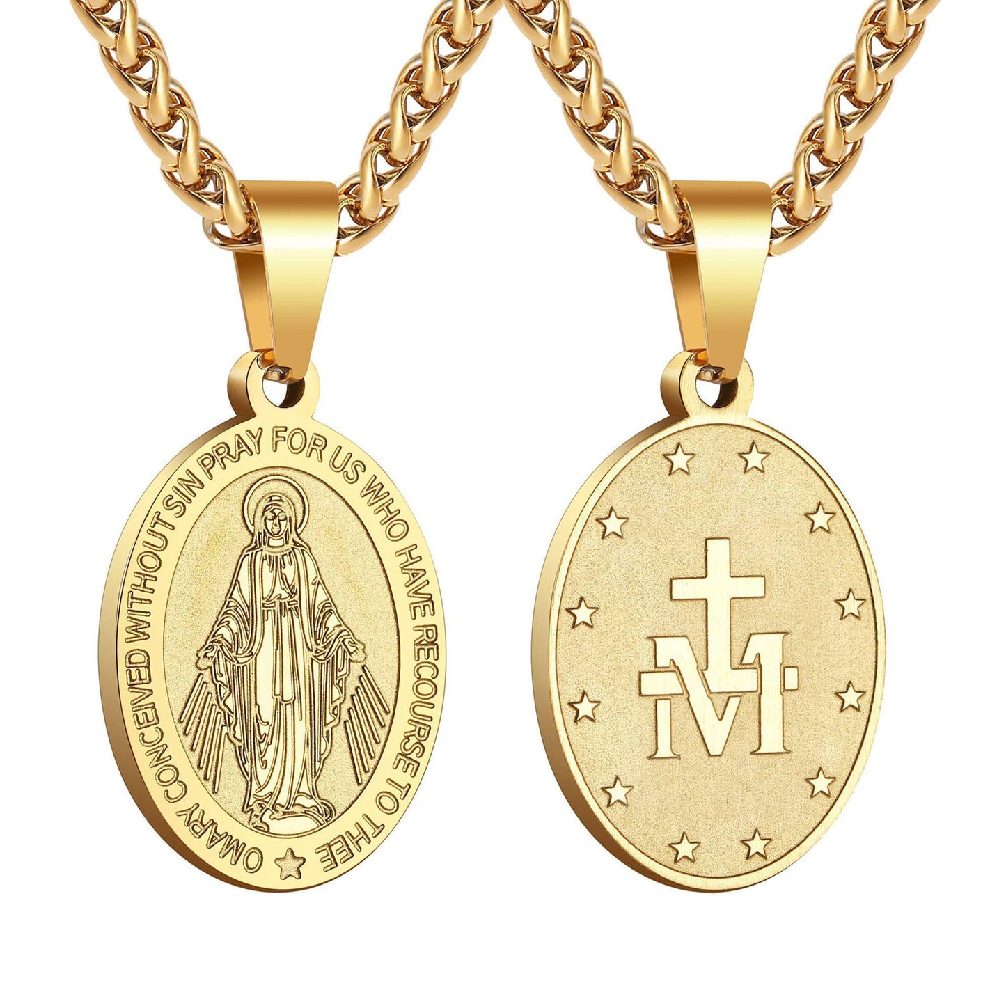 Minimalist Geometric Double-Sided Portrait Medal Pendant Necklace in Stainless Steel with Plated Finish on Snake Chain