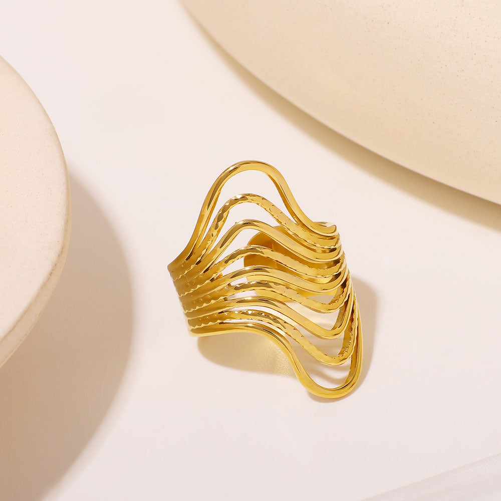 Trendy Unisex 18K Gold Plated Stainless Steel Irregular Wave U-Shape Geometric Ring