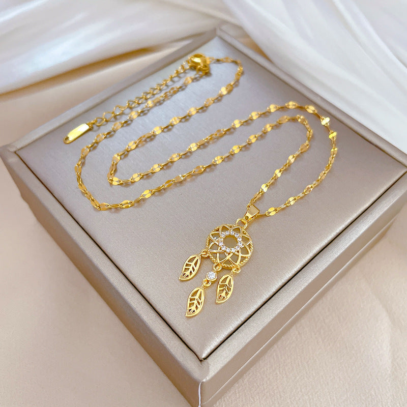 Feather Tassel Luxury Necklace for Women Geometric Pendant Stainless Steel Chain Wedding Party Collarbone Jewelry