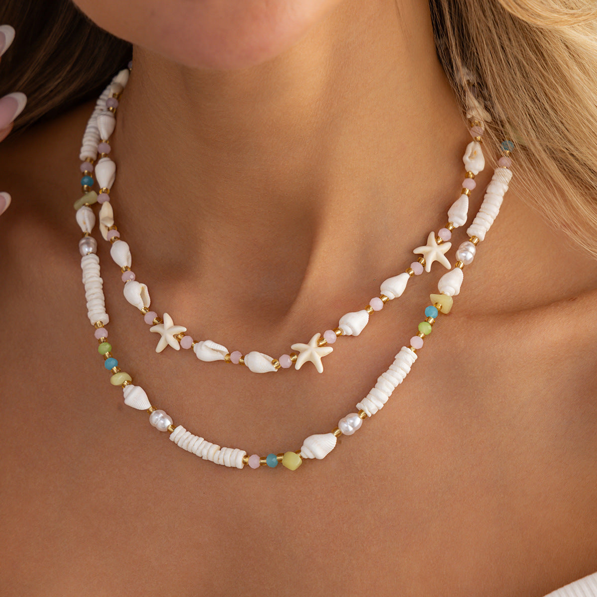 Sweet Multi-layer Conch Starfish Faux Pearl Beaded Necklace for Women