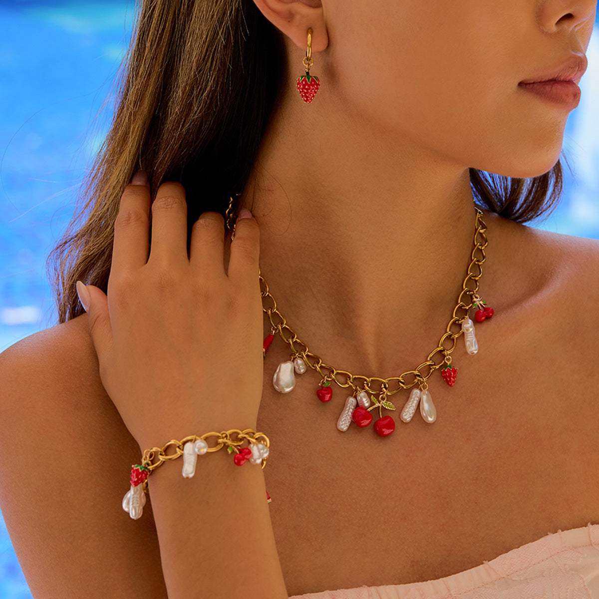 Elegant Titanium Steel Pearl Cherry Necklace Bracelet Set for Women