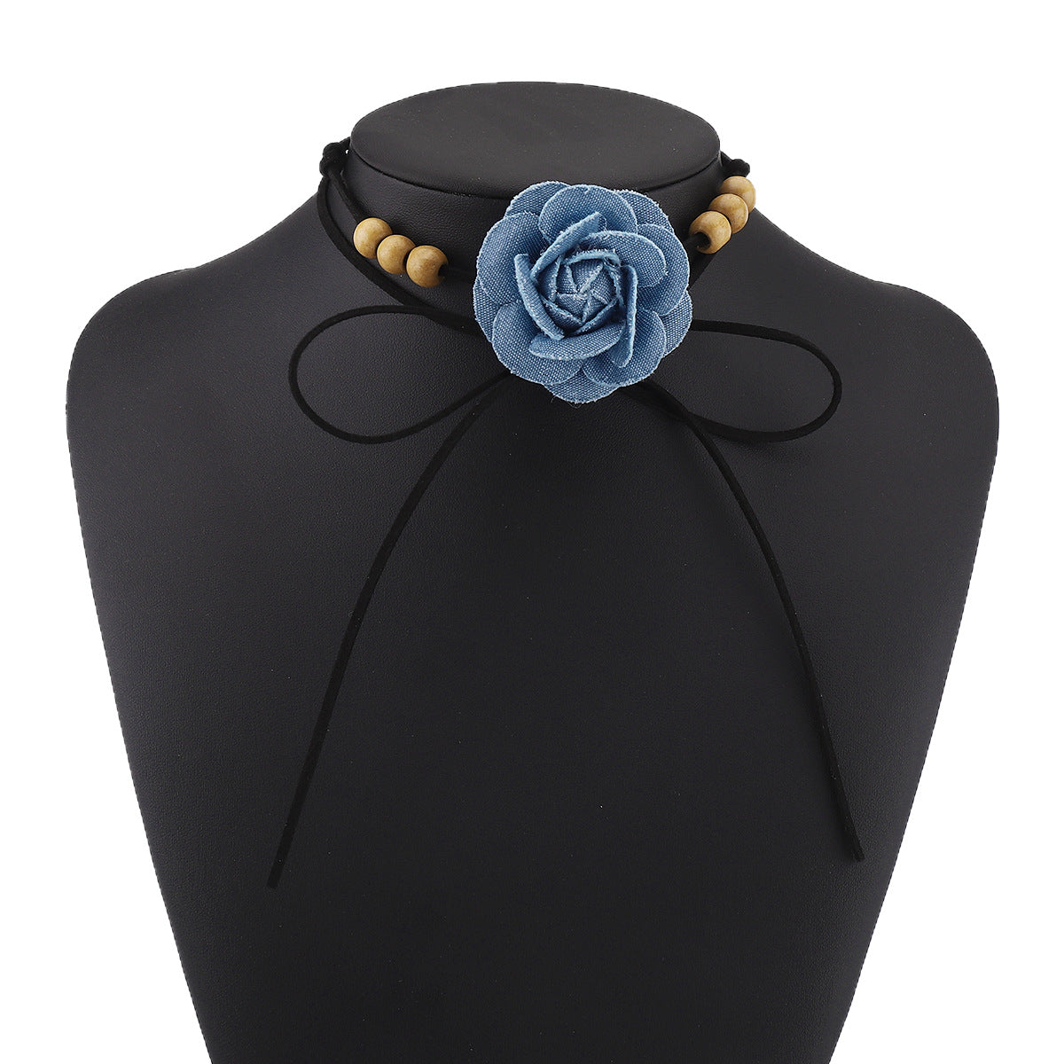 Elegante Collana Girocollo Floreale in Denim Blu da Donna con Fiocco in Velluto e Perle in Legno