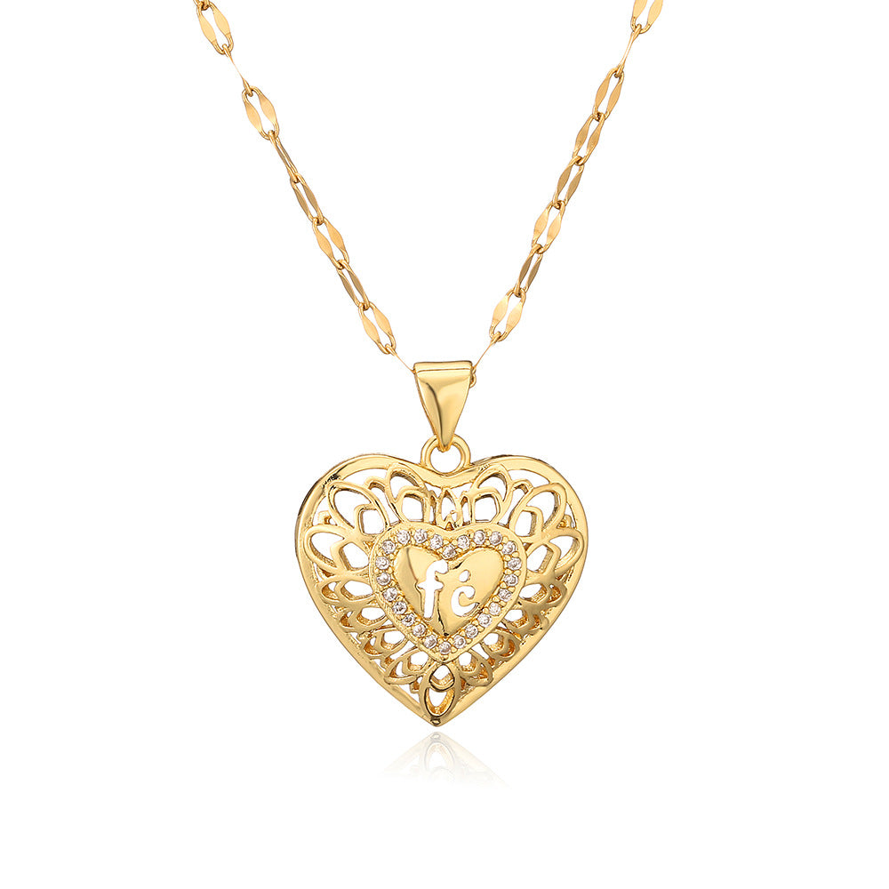 Minimalist Hollow Heart Pendant Necklace for Women in Copper with 18K Gold Plating and Zircon Inlay