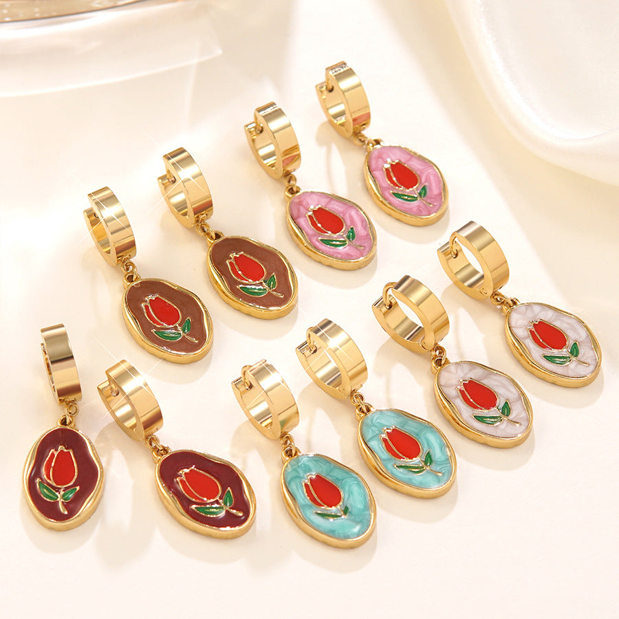 Aretes de acero inoxidable con esmalte de aceite floral de lujo elegante de rosa para mujer
